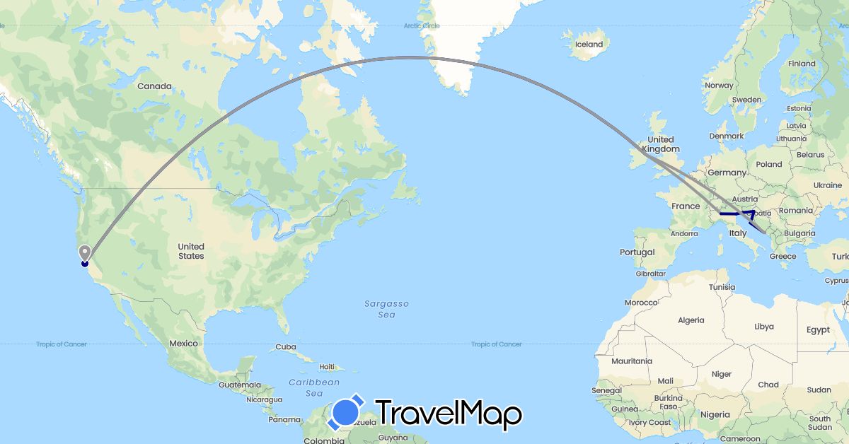 TravelMap itinerary: driving, plane in Croatia, Ireland, Italy, United States (Europe, North America)